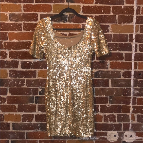 Ark & Co Matte Gold Feather Sequin Short Sleeve Mini Dress Size Small - Picture 3 of 6
